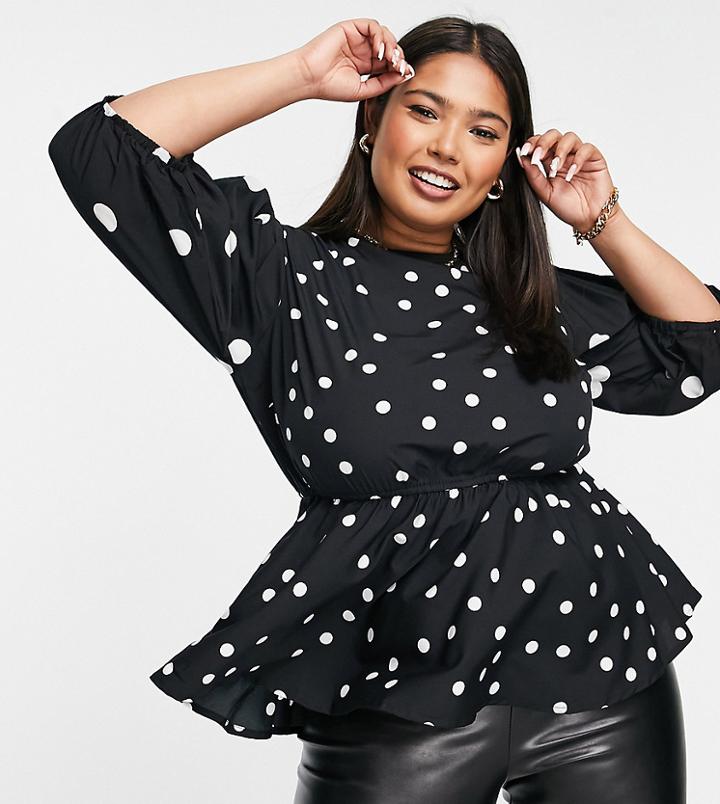 Simply Be Peplum Top With Puff Sleeves In Black And White Polka Dot-multi