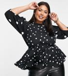 Simply Be Peplum Top With Puff Sleeves In Black And White Polka Dot-multi