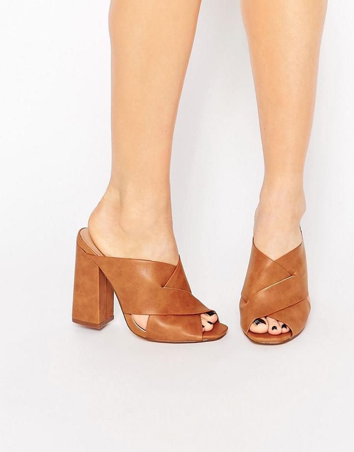 Lost Ink Rita Cross Front Mule Heeled Sandals - Tan