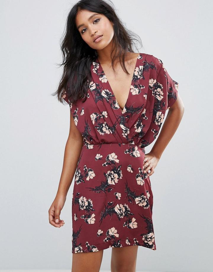 Liquorish Wrap Front Dress In Bird Print - Red