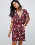 Liquorish Wrap Front Dress In Bird Print - Red