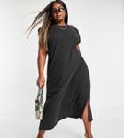 Only Curve Organic Cotton Jersey Midi Dress With Shoulder Pads And Side Splits In Washed Black