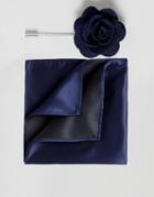 Gianni Feraud Floral Lapel Pin And Pocket Square Set - Navy