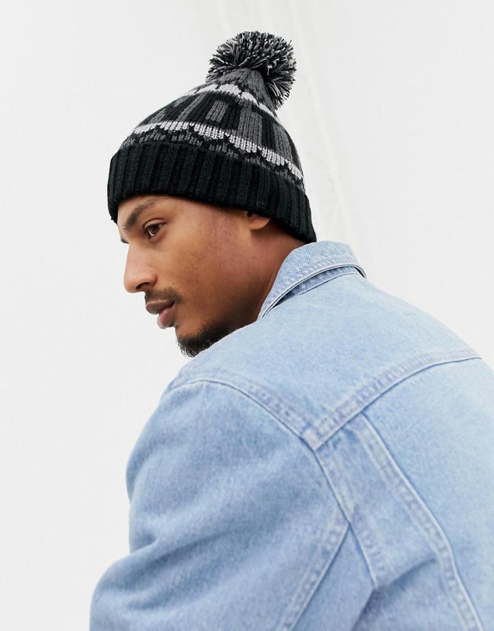 Timberland Large Logo Pom Pom Beanie In Black / Gray - Black