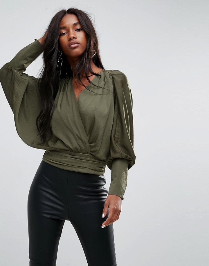 Asos Satin Batwing Wrap Top - Green