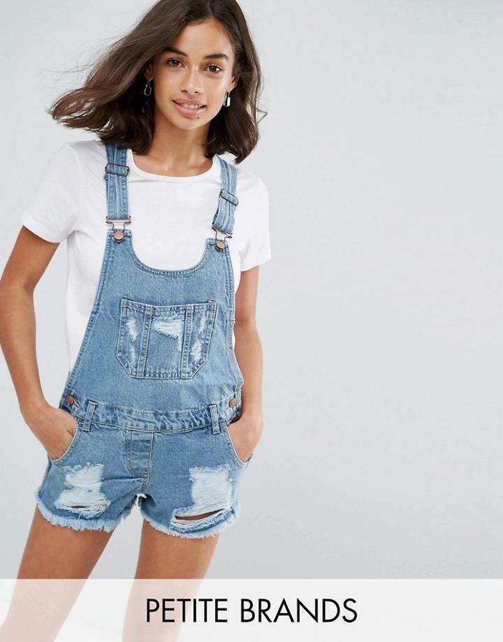 Parisian Petite Distressed Denim Short Overalls - Blue