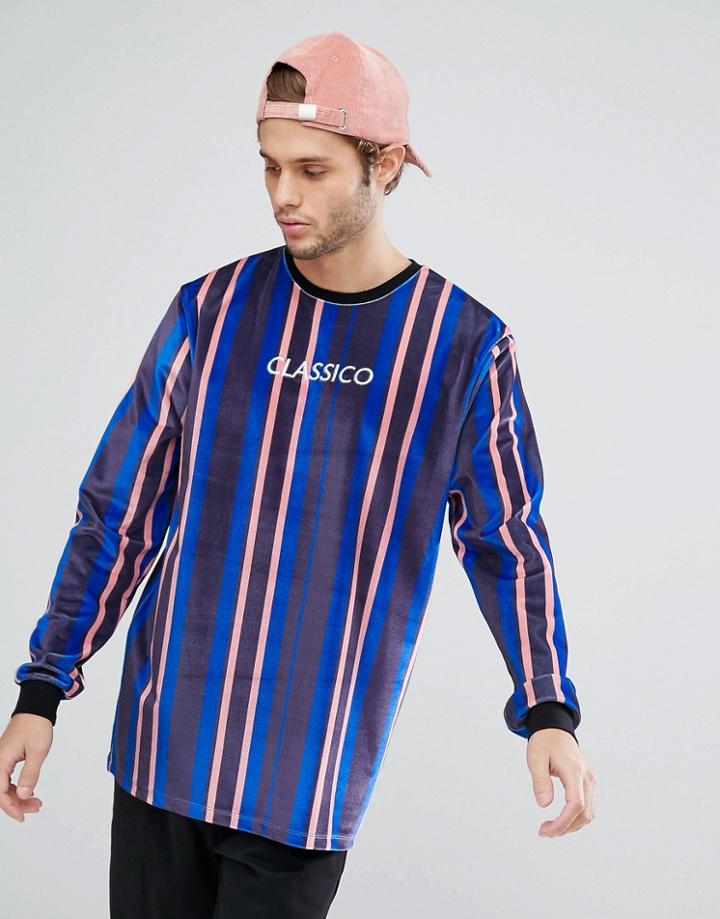 Asos Longline Long Sleeve Stripe T-shirt In Velour With Embroidery - Blue