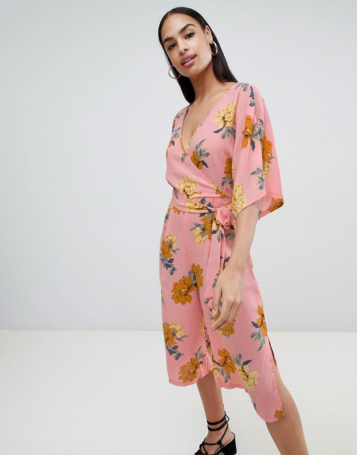 Prettylittlething Kimono Sleeve Jumpsuit In Pink Floral - Pink