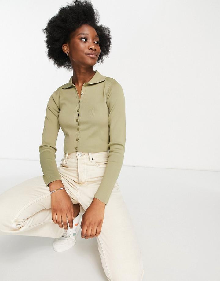 Stradivarius Polo Detail Knit Cardigan In Khaki-green