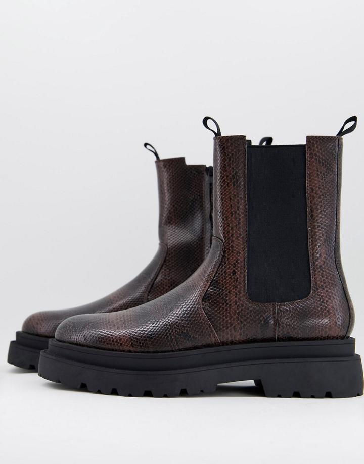 Asos Design Calf Length Chelsea Boot In Brown Faux Snake With Black Sole