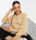 Asos Design Petite V Neck Fluffy Sweater In Camel-neutral
