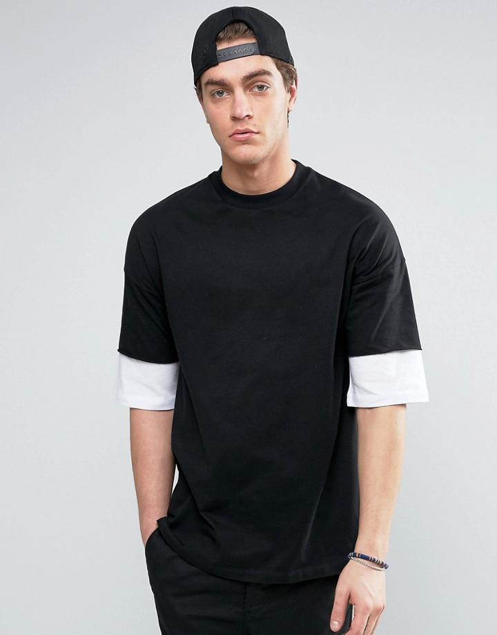 Asos Oversized T-shirt With Contrast Layer Half Sleeve - Black