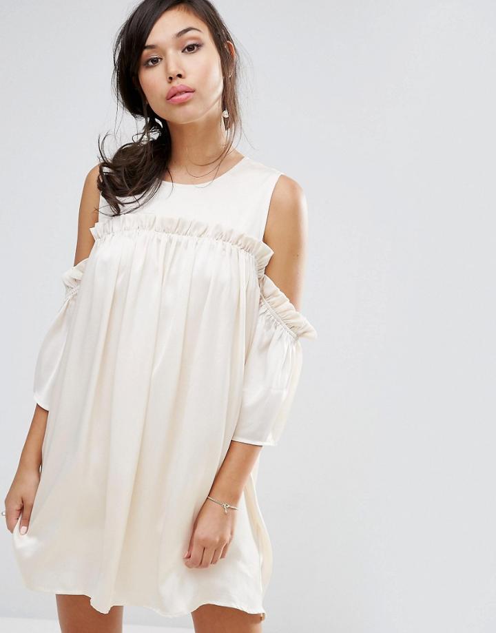 Fashion Union Cold Shoulder Dress With Frill - Beige