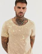 Asos Design Organic Cotton Longline T-shirt With Scoop Neck In Bleach Wash In Beige - Beige