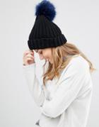 My Accessories Beanie With Contrast Navy Pom In Faux Fur - Navy