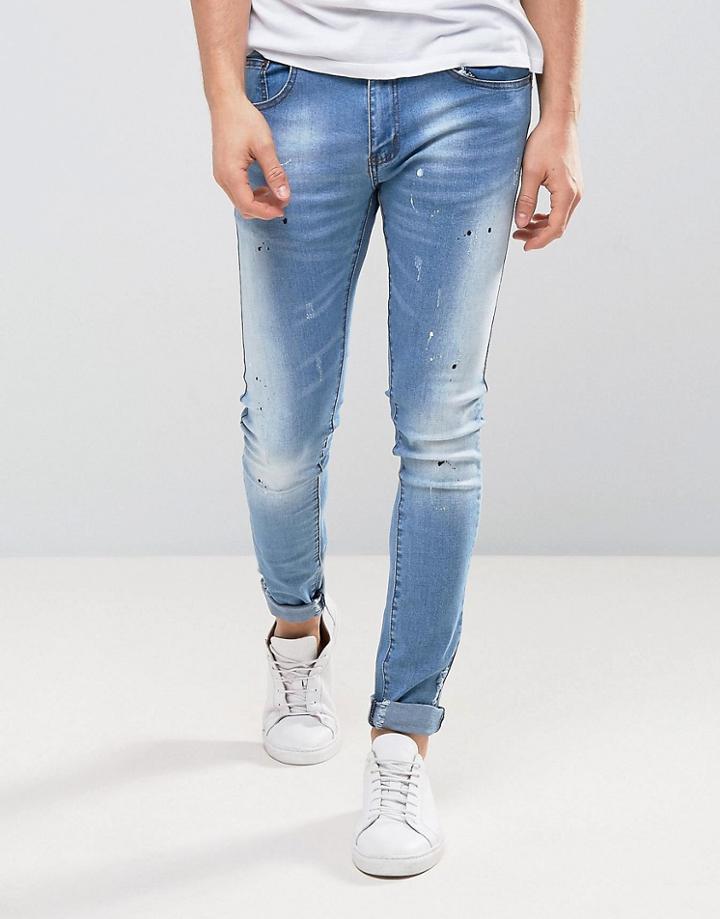 Liquor & Poker Blue Wash Rip & Painted Skinny Jean - Blue