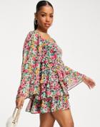 Miss Selfridge Chiffon Ruffle Tier Mini Dress In Cluster Floral-multi