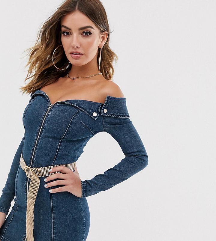 Liquor N Poker Off Shoulder Denim Mini Dress With Rhinestone Belt - Blue