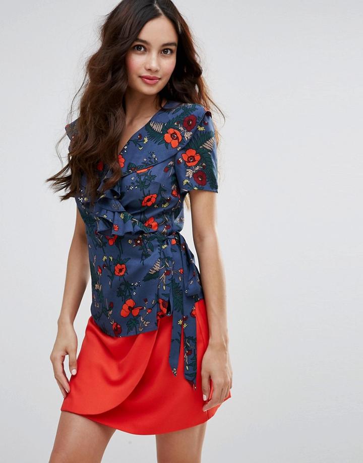 Fashion Union Wrap Front Blouse In Poppy Print - Blue