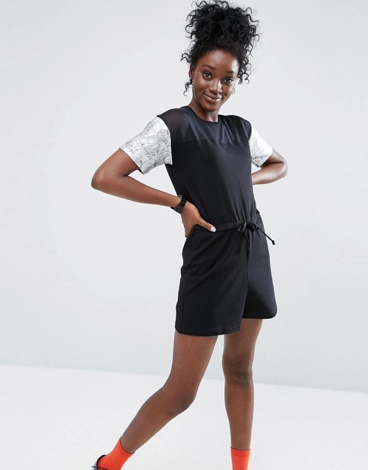 Asos Romper With Mesh Panel And Foil Sleeves - Multi