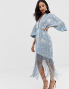 Asos Design Kimono Embroidered Midi Dress With Fringe Hem - Beige