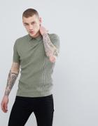 Asos Knitted Waffle Texture Polo In Light Khaki - Green