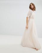 Tfnc Wedding Pleated Maxi Dress With Spot Mesh Frill Detail - Pink