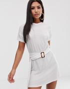 Asos Design Rolled Sleeve Rib T-shirt Dress With Faux Tortoiseshell Belt-white