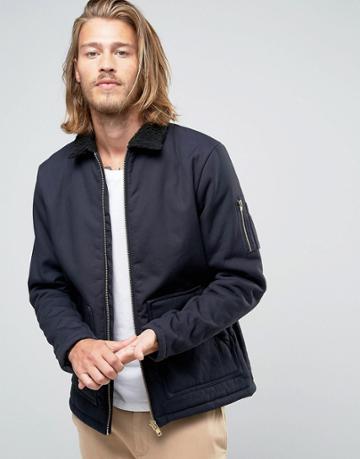 Rvlt Revolution Workwear Jacket With Faux Fleece Collar - Navy