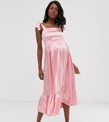 Wild Honey Maternity Tie Shoulder Maxi Dress With Hammered Satin-pink