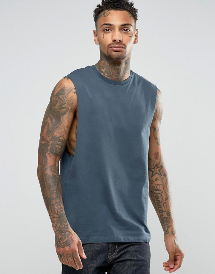 Asos Sleeveless T-shirt With Dropped Armhole In Blue - Blue