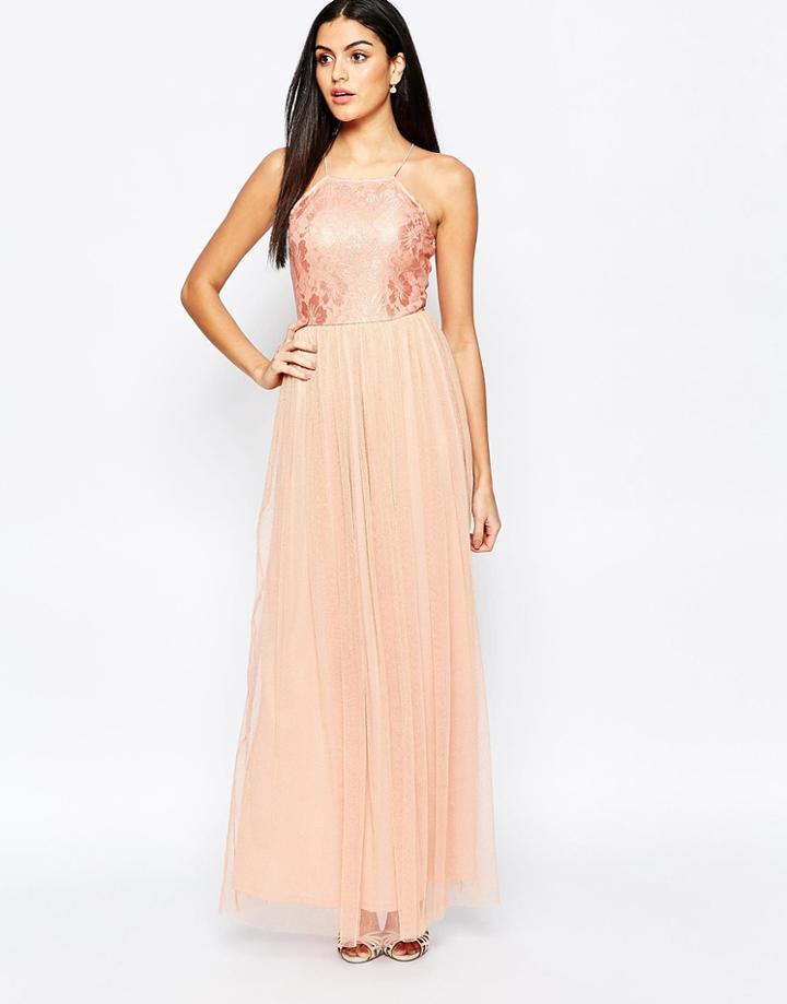 Rare Maxi Dress With Lace Top And Skirt In Glitter Fabric - Nude
