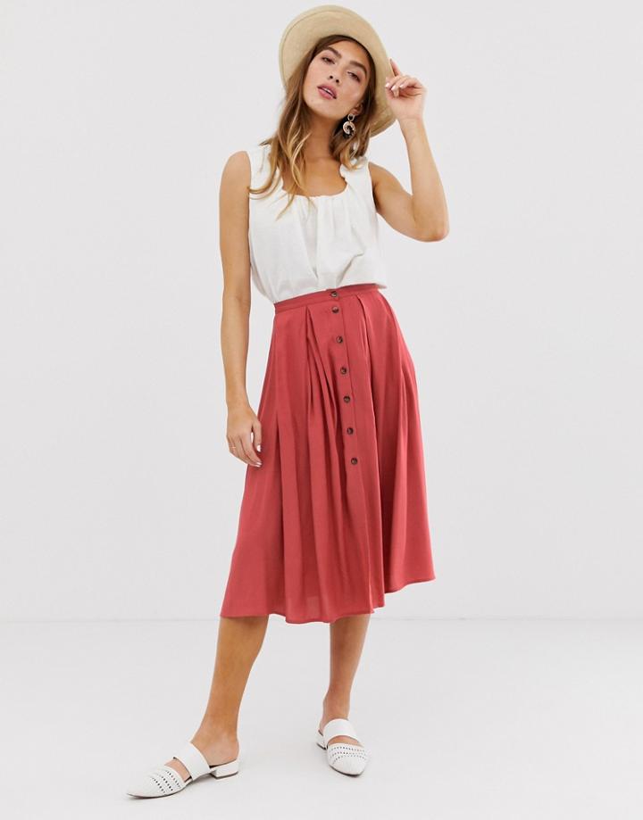 Asos Design Button Front Floaty Midi Skirt With Pleats-pink