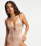 Asos Design Petite Lace Up Swimsuit In Pretty Tile Print-multi