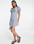 Urban Revivo Tie Front Mini Dress In Blue Print