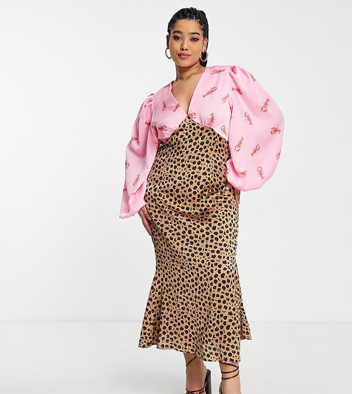 Never Fully Dressed Plus Exclusive Contrast Maxi Dress In Lobster And Leopard Print-multi