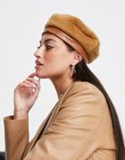Asos Design Fluffy Beret In Camel In Pu Band-neutral