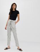 Stradivarius Button Front Striped Linen Pants In White