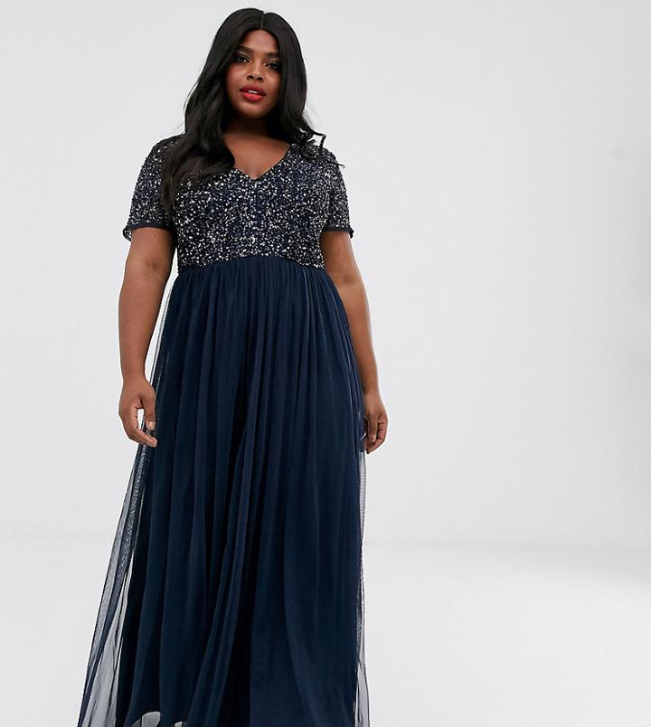 Maya Plus V Neck Maxi Tulle Dress With Tonal Delicate Sequins In Navy