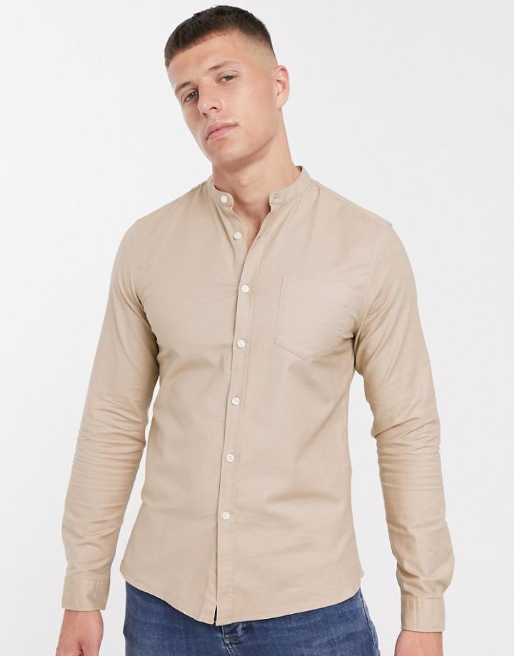 Asos Design Slim Fit Oxford Shirt With Grandad Collar In Sand - Beige