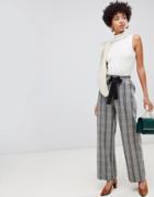River Island Wide Leg Pants With Tie Waist In Check-brown