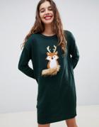Brave Soul Foxie Christmas Sweater Dress - Green