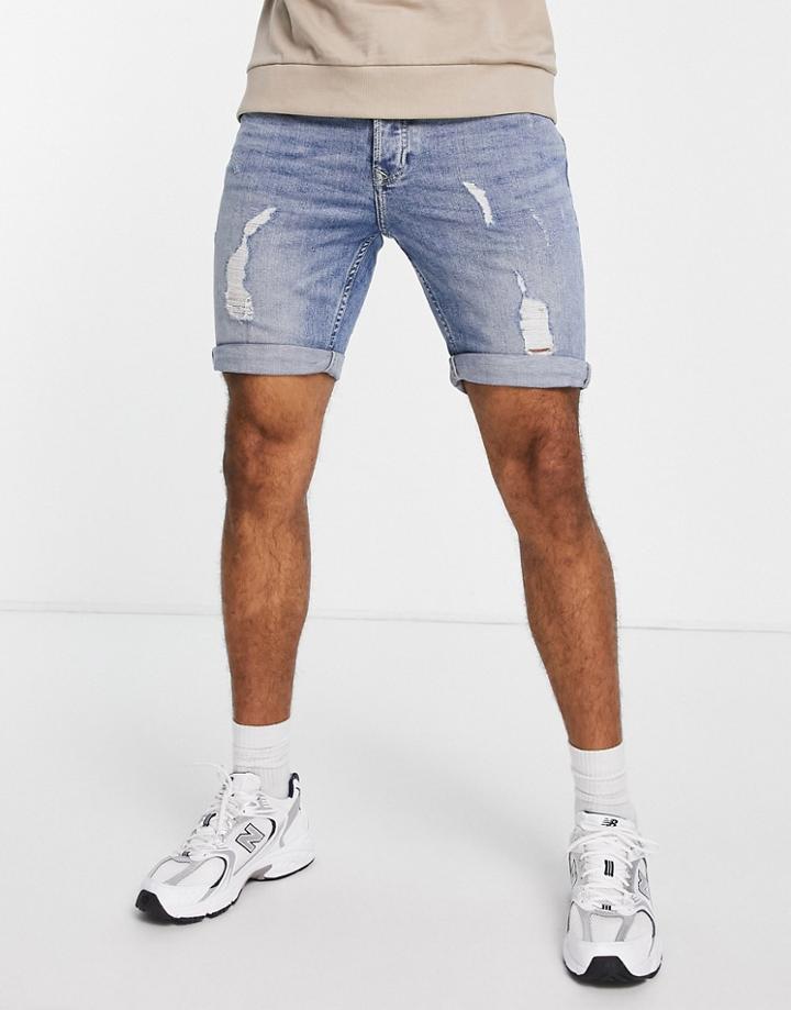 Topman Ripped Stretch Skinny Shorts In Bleach-blues