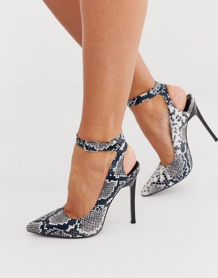 London Rebel Pointed Stiletto Heels In Black And White Snake - Black