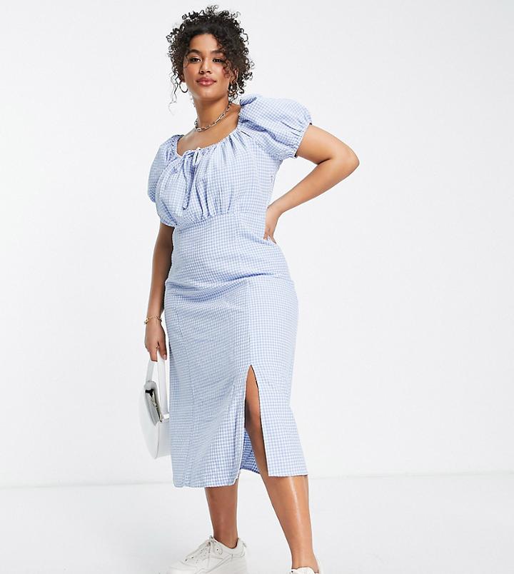 Vila Curve Exclusive Midi Dress With Square Neck In Blue Gingham Print