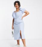 Vila Curve Exclusive Midi Dress With Square Neck In Blue Gingham Print