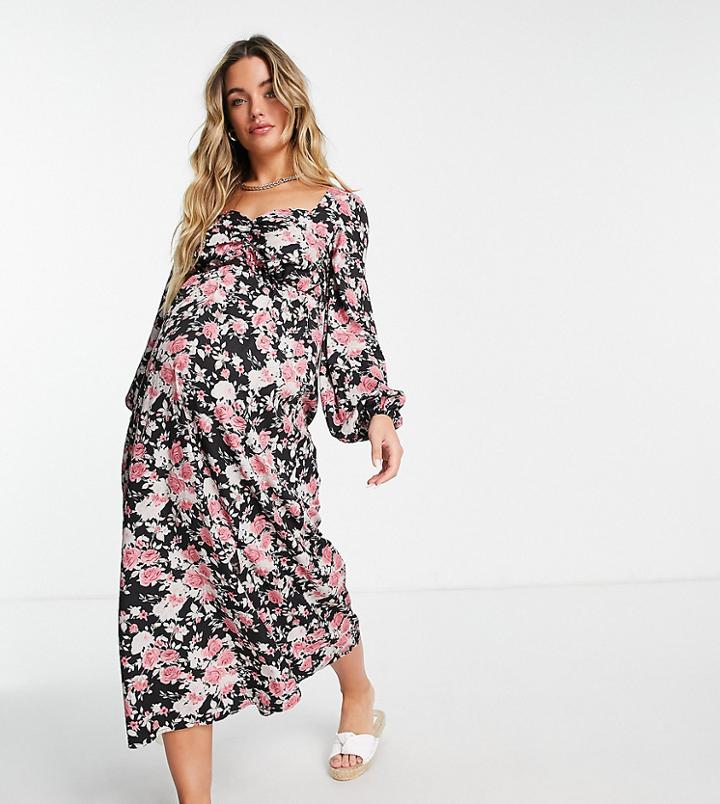 Missguided Maternity Midaxi Dress With Ruched Waist In Black Floral-multi