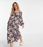 Missguided Maternity Midaxi Dress With Ruched Waist In Black Floral-multi