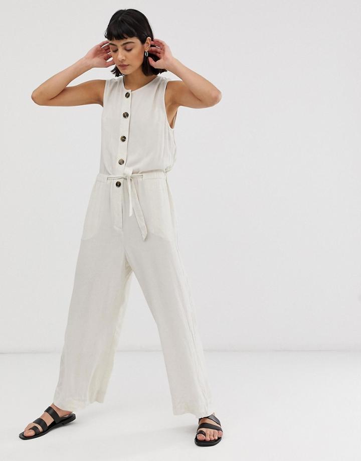 Weekday Wide Leg Tie Waist Jumpsuit With Button Detail In Light Beige - Cream