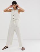 Weekday Wide Leg Tie Waist Jumpsuit With Button Detail In Light Beige - Cream